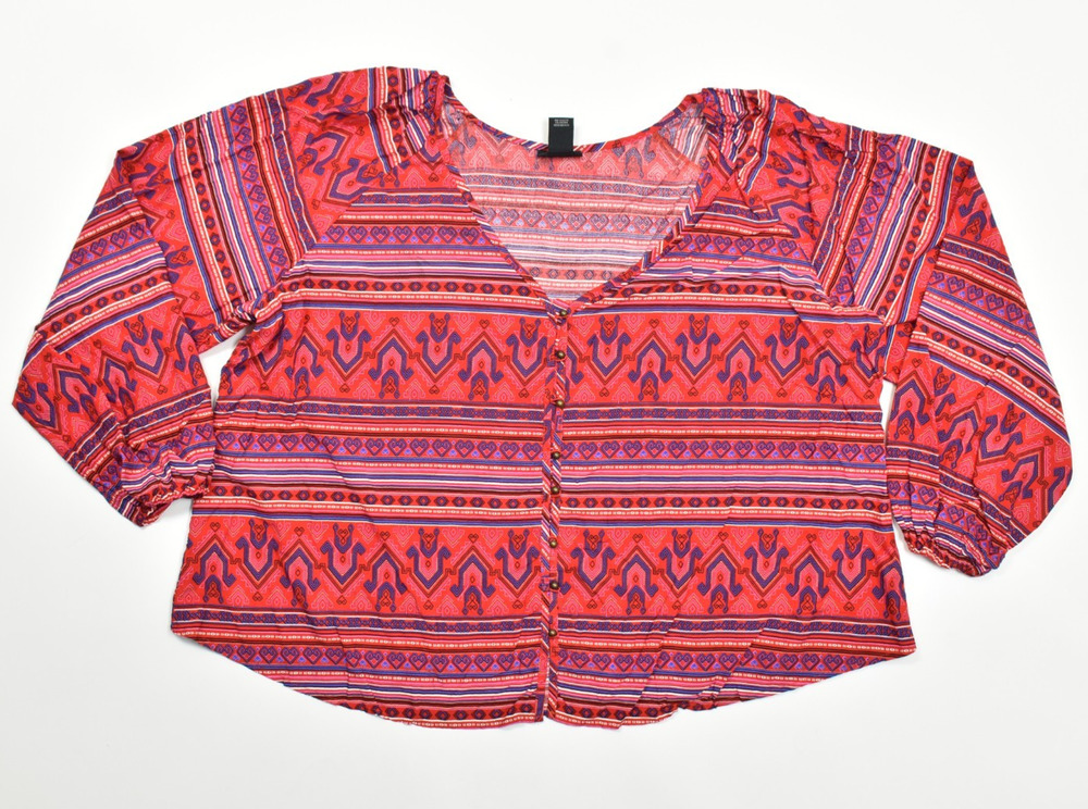 Wrangler Retro Women's Southwestern Boho Red Rayon Blouse Size XXL Long Sleeve